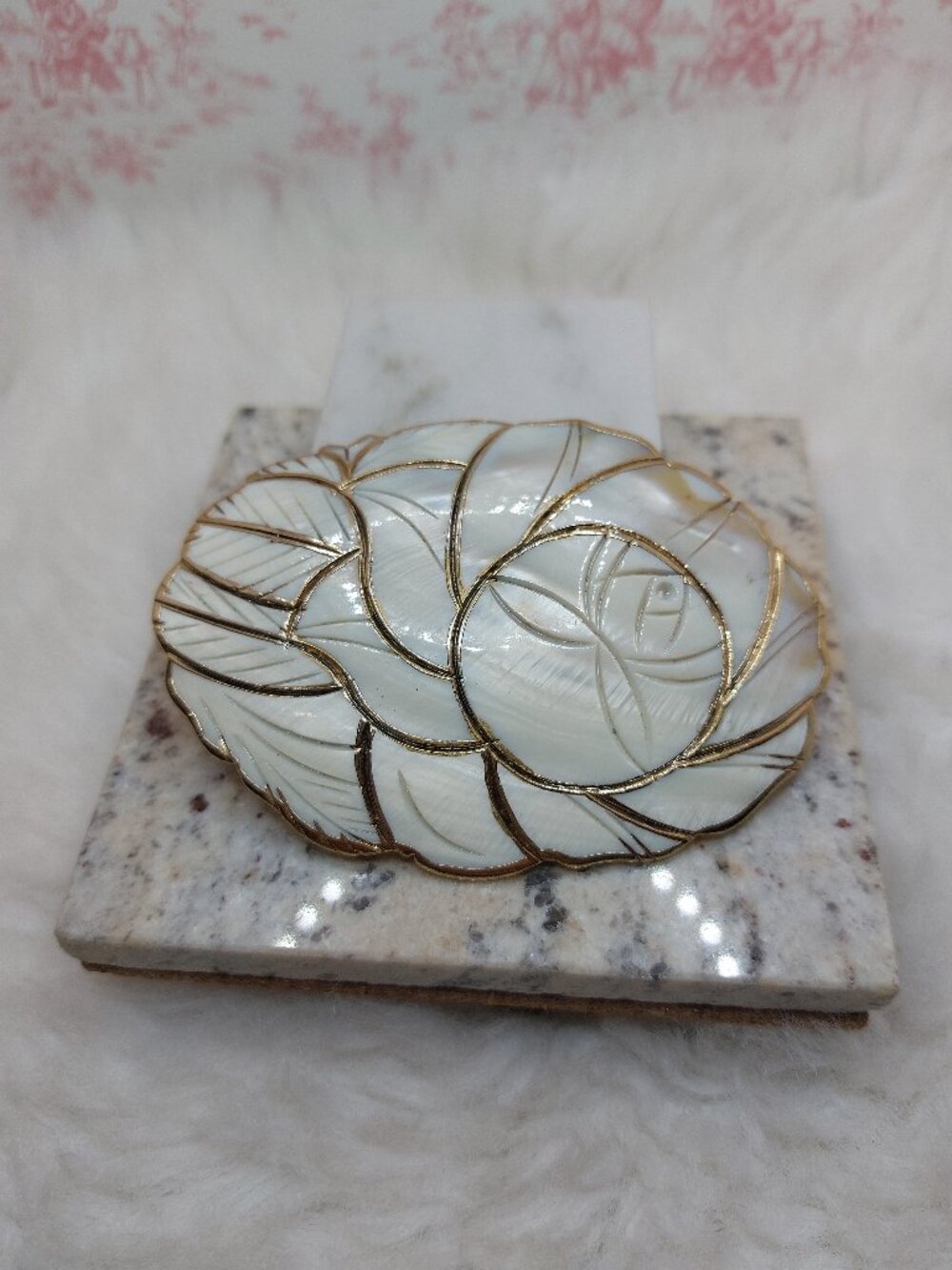 Vintage Mother of Pearl Carved Shell Belt Buckle W/ Gold Rim